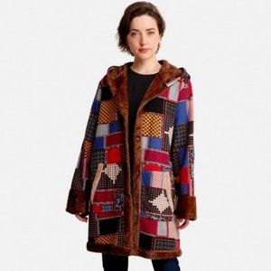Multi-Patch Printed Sherpa Faux Shearling Coat with Hood